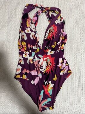 Floral Halter One-Piece Swimsuit in Plum